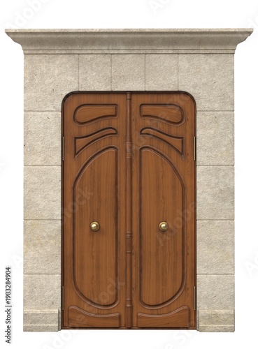 Classic double entrance door with decorative panels and architectural stone frame