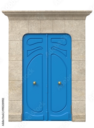 Classic double entrance door with decorative panels and architectural stone frame