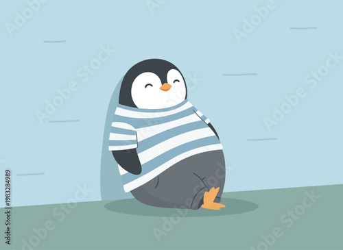 Vector a cartoon penguin wearing a blue and white striped shirt sitting on green ground with a light blue background