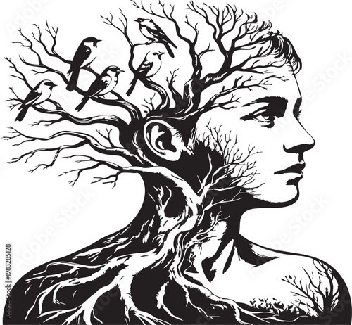 a black and white illustration of a woman's head with tree roots growing out of it and birds sitting on the branches, symbolizing growth and freedom, ideal for use in marketing, advertising, and edito