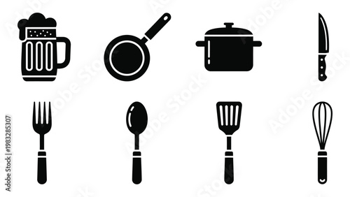 A collection of black silhouette icons representing various kitchen utensils and a full beer mug