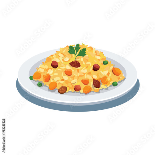Delicious pilaf rice dish served on a white plate with vegetables and raisins
