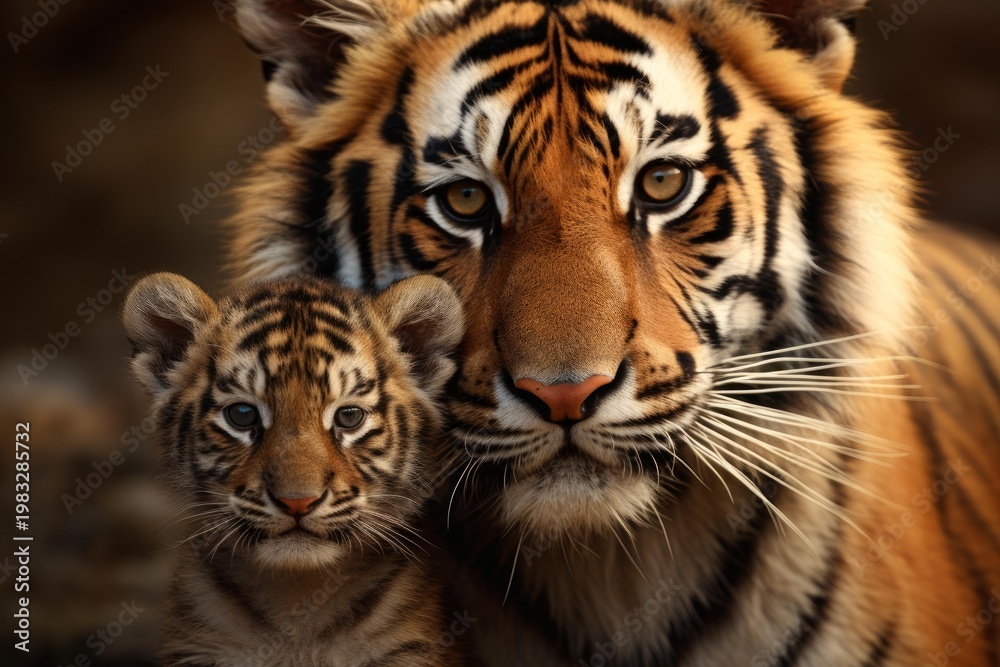 Fototapeta premium Tiger mother and cub looking at the viewer, representing family, nurture, and wildlife conservation