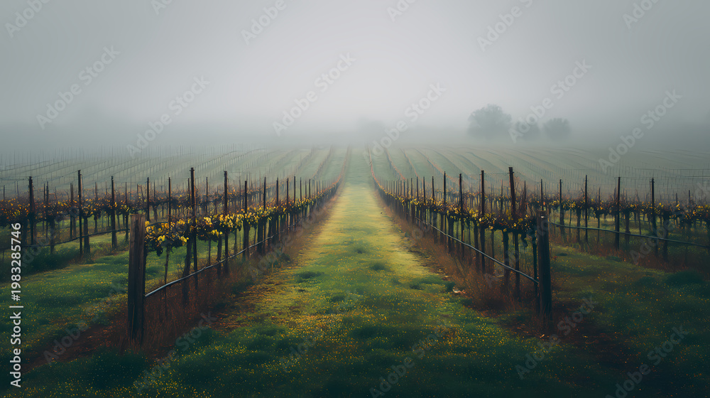 Obraz premium Empty Vineyard Rows with Morning Mist