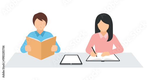 A vector illustration of a boy reading a book and a girl writing in a notebook at a desk with a tablet between them for studying.