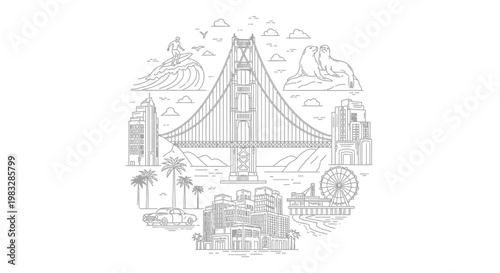 Cityscape with iconic bridge and buildings.