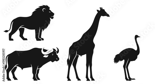 African Animals Silhouettes: Lion, Giraffe, Buffalo, Ostrich Wildlife Icons
