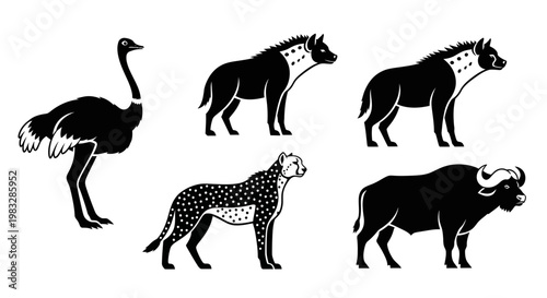 African Animals Silhouettes Vector Set - Ostrich, Hyena, Cheetah, Buffalo Wildlife Icons