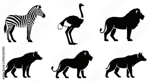 African Safari Animals Silhouettes Collection: Zebra, Ostrich, Lion, and Hyena Vector Set
