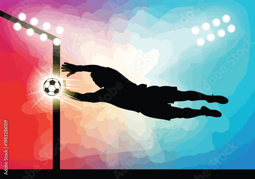 A silhouette of a soccer goalkeeper diving to save a glowing ball near the goalpost under stadium lights with a vibrant gradient background.