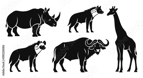 African Wildlife Silhouettes Collection: Rhino, Hyena, Giraffe, Buffalo Icons