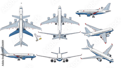 Vector 2D CAD designs showcase various airplane models in different orientations.