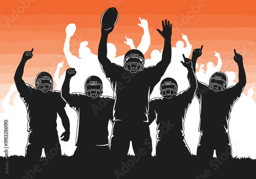 Silhouettes of American football players and fans celebrating a victory with raised arms against an orange sky.