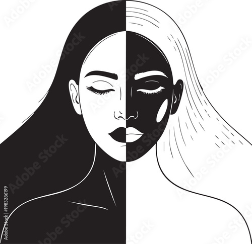 a stylized illustration of a woman with a split personality, one side black and the other white, symbolizing duality and contrast, useful for marketing, advertising, and editorial content.