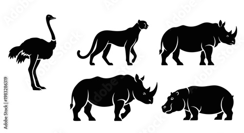 African Wildlife Silhouettes Set: Ostrich, Leopard, Rhinoceros, Hippopotamus
