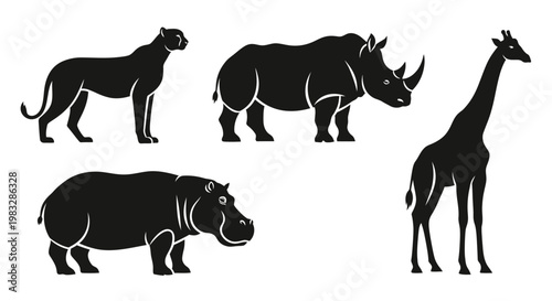 African Wildlife Silhouettes Set: Leopard, Rhino, Hippo, Giraffe Vector Icons