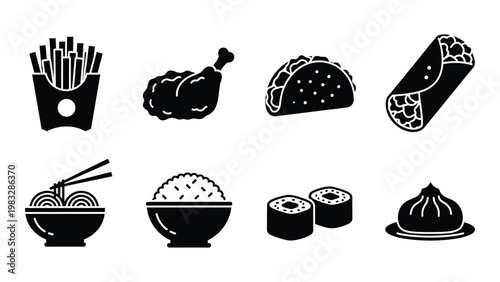 A collection of fast food icons featuring french fries chicken tacos sushi and more high quality