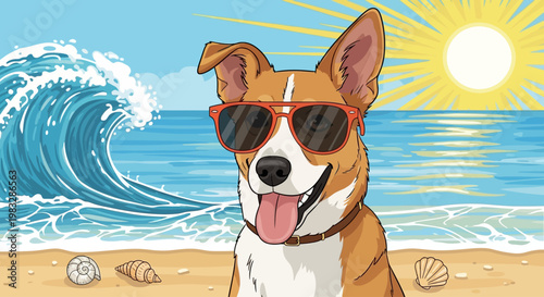 Smiling Dog Wearing Sunglasses Beach.