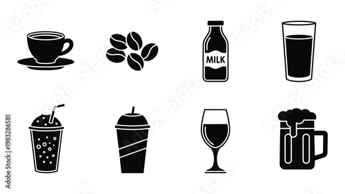 A collection of black silhouette icons depicting various beverages including coffee milk and juice high quality