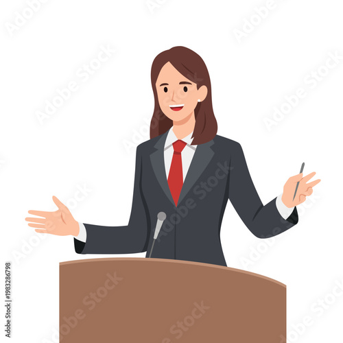 Confident Businesswoman Giving Speech at Podium with Microphone, Corporate Presentation. Flat vector illustration isolated on white background