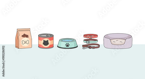 Pet food and accessories on display.