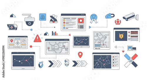 Illustration of a digital security system with surveillance cameras and map interfaces