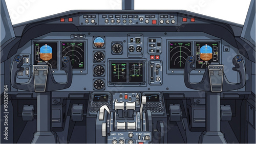 Vector 2D CAD drawing of airplane cockpit interior with controls and instruments