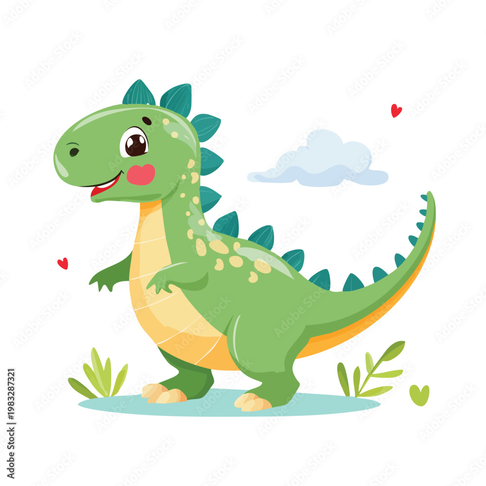 Obraz premium Cartoon dinosaur illustration with happy expression isolated on white background