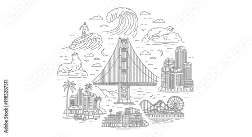 San Francisco cityscape illustration with landmarks.