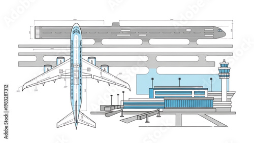 Vector 2D CAD drawing of an airplane on a runway with terminal buildings and control tower.
