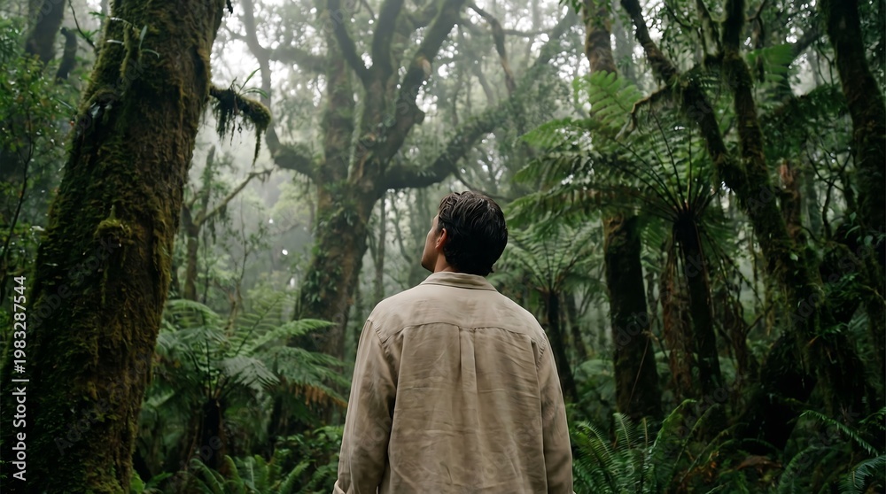 Naklejka premium Back View of Person Standing in Misty Green Forest