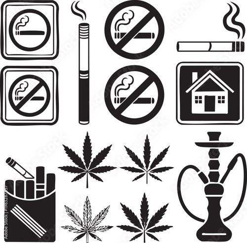 a collection of no smoking signs, marijuana symbols, cigarettes, and hookah icons in black and white, useful for health, medical, or educational projects