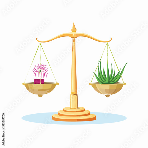 Balance scale with flower and plant concept isolated on white background