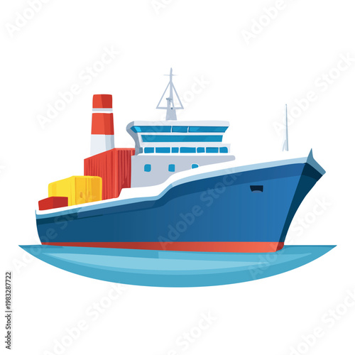 Cartoon cargo ship on water with blue hull and red accents isolated