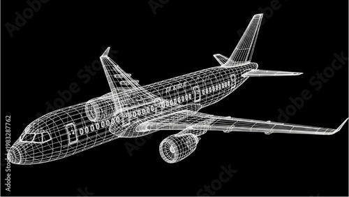 Vector 2D CAD drawing of airplane in flight over landscape