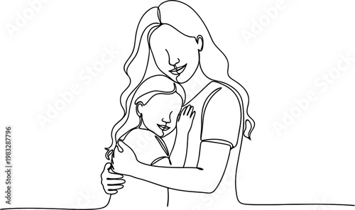 mom and daughter minimalist line art vector