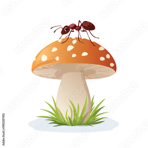 Cartoon ant on mushroom with white spots and green grass illustration