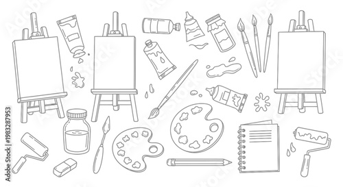 A collection of artistic tools and supplies.