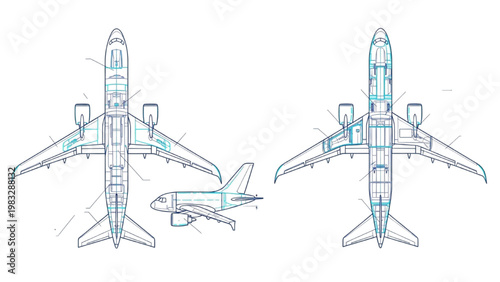 Vector 2D CAD designs showcase airplane structures from multiple angles.