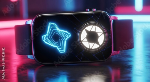 Futuristic smartwatch with geometric shapes glowing on the screen, resting on a reflective surface