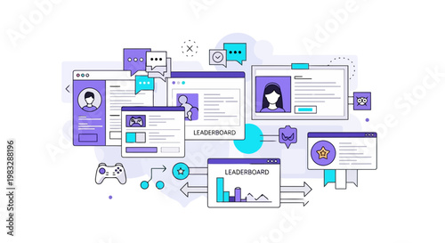 Online gaming leaderboards and user profiles with communication bubbles illustrating community engagement and progression