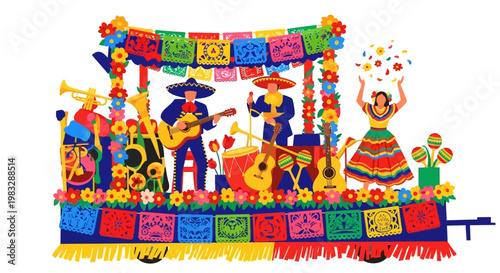 Vibrant Mexican fiesta parade float with a joyful mariachi band and traditional dancers, adorned with colorful cultural decorations, celebrating heritage and lively music
