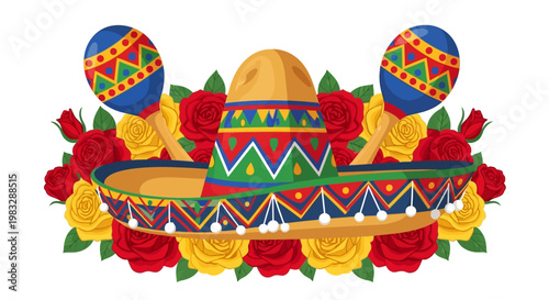 Vibrant Fiesta Sombrero Displayed with Traditional Maracas and Lush Red and Yellow Roses, Symbolizing Joyful Cultural Celebrations and Festive Gatherings, Cinco de Mayoy