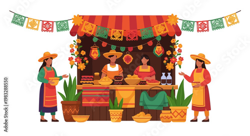 Vibrant cultural street market scene with traditional food and festive decorations, showcasing local vendors and community spirit in a lively setting