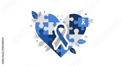 A conceptual heart-shaped jigsaw puzzle illustration with blue and white pieces, featuring a central symbolic ribbon, representing unity, awareness, and support for community causes