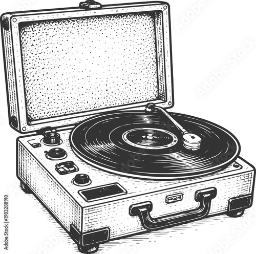 Vintage Portable Turntable in Black and White – Detailed Hand-Drawn Illustration