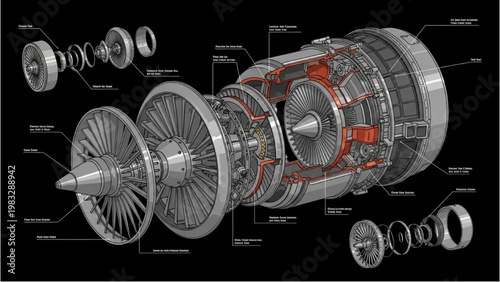 Detailed vector 2D CAD illustration of a jet engine's internal components and parts