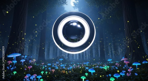 Mystical forest scene with a glowing circular object suspended among the trees