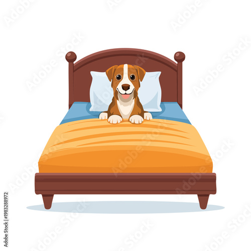 Dog relaxing in bed cartoon illustration isolated on white background