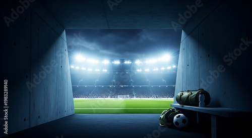 View from inside the dark players tunnel looking out towards a bright, illuminated football stadium pitch, with sports equipment bags and a soccer ball sitting on a bench in the foreground at night